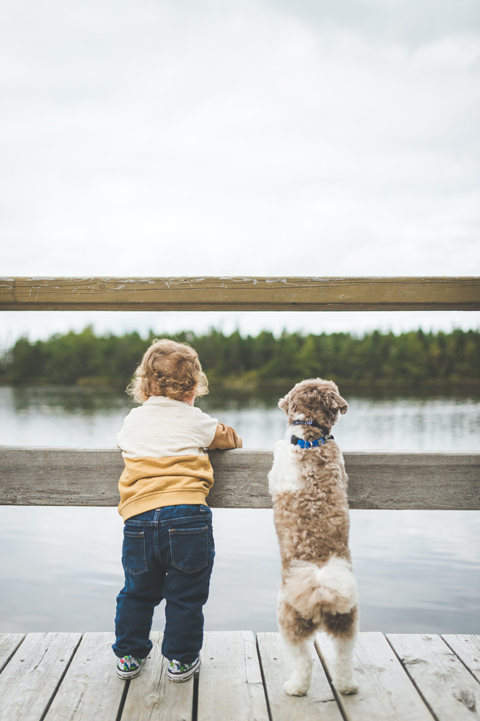 Un chien et un bébé de dos, appuyé sur une rembarde face à un lac